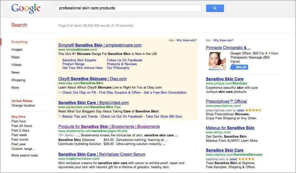 The SERP for "professional skin care products" in 2014